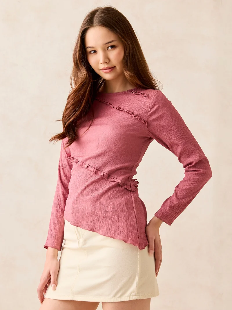 Outzidr Pink Pink Textured Assymetric Hem Knit Top for Women | Best Price UAE